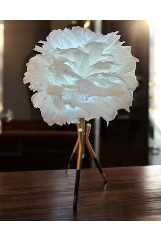 Tüylü Dekoratif Tripotlu 3'lü Ayaklı Abajur - Beyaz Beyaz