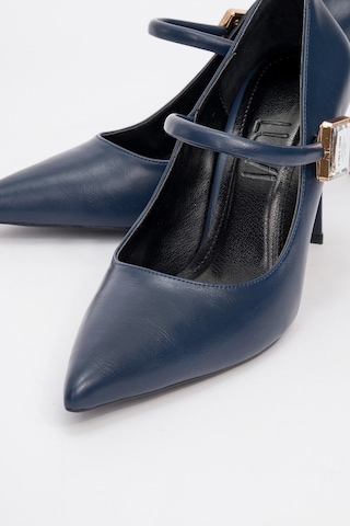 Luvishoes Luvi Shoes Pattaya Laci Cilt Taş Detaylı Kadın İnce Topuklu Ayakkabı Lacivert Deri