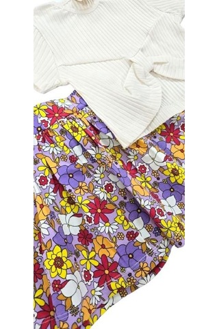 Çiçek Desenli Kız Çocuk Etekli Takım Krem