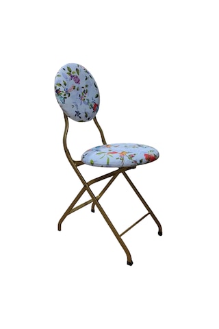 Katlanabilir Beyaz Gül Ve Kuş Desenli Gold Metal Sandalye Altın