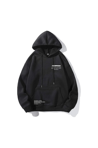 The Happiest Sweatshirt - Siyah Baskılı Oversize Kapüşonlu Siyah