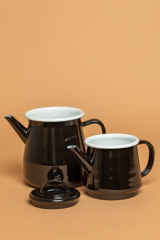 Velluto Nero Emaye Çaydanlık - 2 Li Kulplu Ve Saplı Krem Sahan Seti Siyah