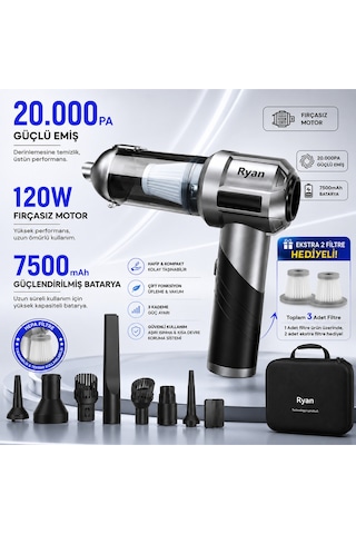 120w Şarjlı Araç Süpürgesi 20.000pa Güçlü Emiş 7500mah El Süpürgesi Üfleyici 3 Filtreli Ry-vc20