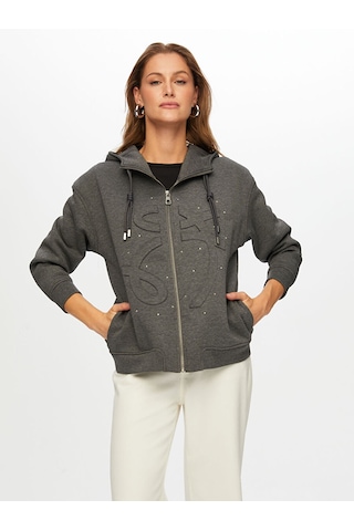 Faik Sönmez Relax Baskı Ve Taş Detaylı Kapüşonlu Sweatshirt W26swt010 Uw26swt010154 Antrasit Melanj