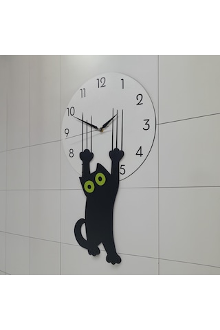 Cajuart Özel Ahşap Tasarım Saati Tırmalayan Kara Kedi Duvar Saati Dekor Beyaz - Siyah