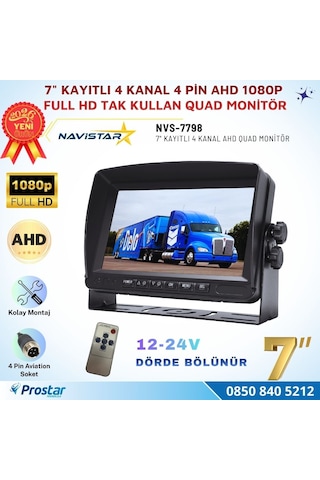 Kayıtlı 7 İnç 4 Kanal Full Hd Quad Ahd/analog 4 Pin Araç Monitörü 256 Gb Sd Kart Destekli 12-24v