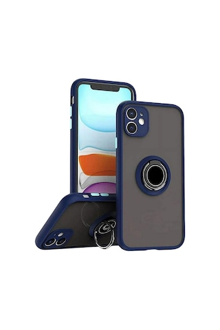 Apple Uyumlu iPhone 11 Kılıf Yüzüklü Standlı Extra Darbe Koruma Sert Silikon Kapak Lacivert