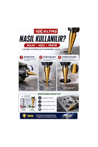 3 Parça Hss Titanyum Kaplamalı Kademeli Matkap Ucu Seti 4-12 / 4-20 / 4-32 Mm