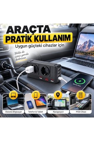 12v 220v Araç İnverteri 200w 2 Ac Priz 4 Usb Çıkışlı Oto Çakmaklık Dönüştürücü