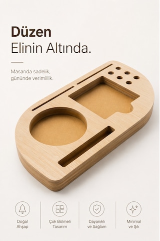 Deskmate Safir Meşe Telefon Standlı Mdf Masaüstü Organizer Kalemlik & Notluk & Kartlık