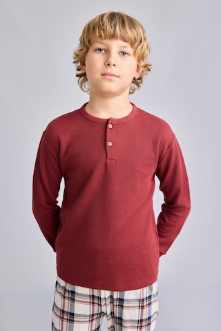 Defacto Regular Fit Henley Yaka Waffle Üst Ekose Alt 2li Pijama Takımı Erkek Çocuk I1444a826aubr281 Bordo-br281