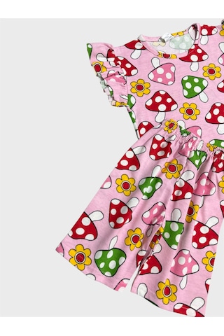 Aliş Kids Kız Çocuk Pamuklu Pembe Mantar Desenli Kısa Kollu Kolları Fırfırlı Şortlu Yazlık Pijama Takımı