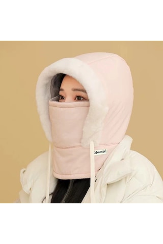 Kulak Korumalı Rüzgar Ve Kar Maskeli Boyun Atkısı Entegre Şapka Pembe