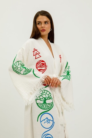 Befera Müslin Kimono Pamuklu Hayat Ağacı Baskılı Desenli Bornoz Kaftan Sabahlık Beyaz