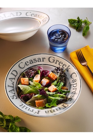 Grandora Şık Makarna Ve Salata Tabağı 26 Cm - Caesar, Greek, Caprese Tasarımlı Büyük Çukur Tabak Beyaz