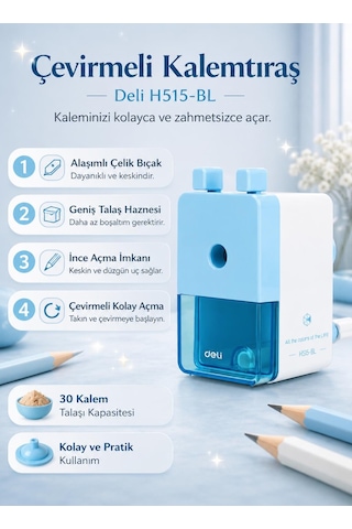 Deli H515-bl Çevirmeli Kalemtıraş Geniş Hazneli, Dayanıklı Çelik Bıçaklı Masaüstü Kalemtraş Mavi