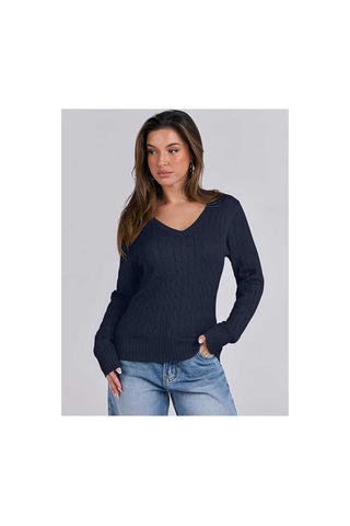 Youknitwear You Riviera %100 Pamuk V Yaka Kadın Kazak V Yakalacivert