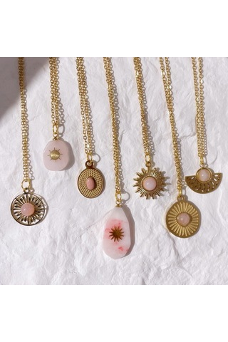 Soulader Kadın S Beden Pembe Doğal Taş Kolye Altın Kaplama Çiçek Desenli Su Damlası Geometrik Şık Paslanmaz Çelik Kolye Aksesuar Çok REnkli