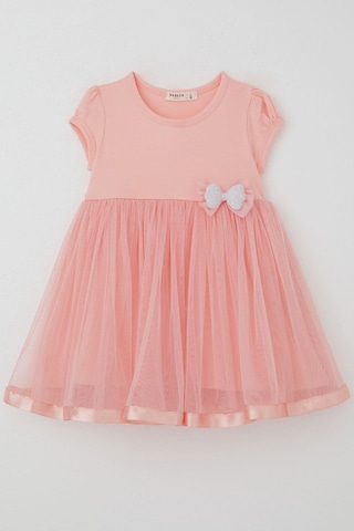 Breeze Kız Çocuk Elbise Tüllü Simli Fiyonk Aksesuarlı 2-6 Yaş, Somon SOMON