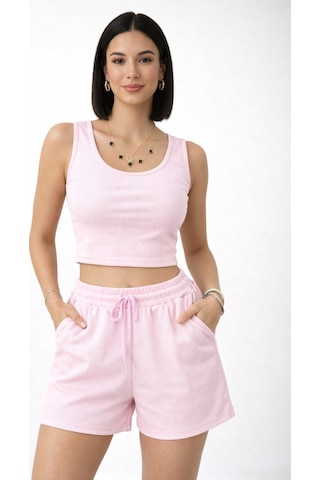 Trend Alisse Kadın Beli Lastikli Pembe Şort Crop Alt Üst İkili Takım Pudra Pembesi