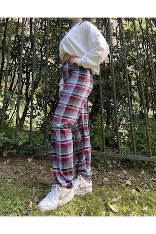 Kadın Pamuklu Ekose Desenli Pijama Altı Eşofman Kurdeleli