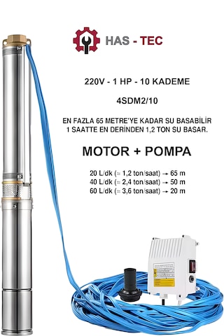 Has-tec 4sdm2/10 Derin Kuyu Dalgıç Pompa Seti 1 Hp - Monofaze Motor + Pompa + Kontrol Panosu Komple Set
