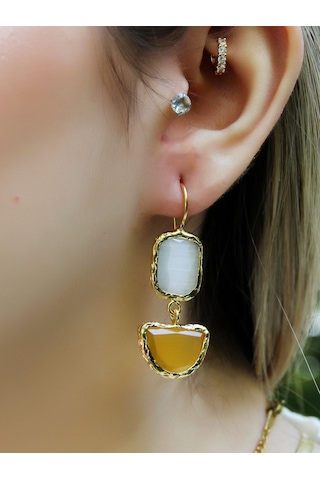 İkili Model Kedigözü Cam Sallantılı Kadın Küpe Euku26s Sarı