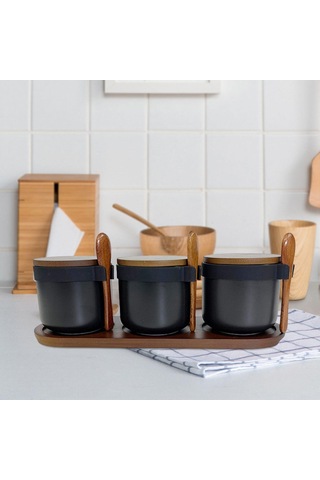 Suntek Magideal 3 Adet Seramik Baharat Kavanozları Porselen Çeşni Siyah