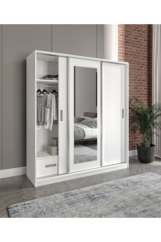 Luna 3 Kapaklı 2 Çekmeceli Aynalı Sürgülü Dolap