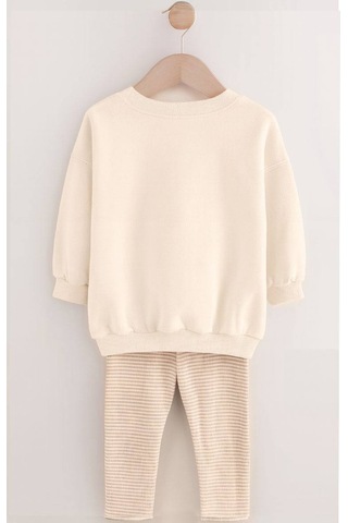 Kız Çocuk Balerin 3d Tütü Aplike Detaylı Sweatshirt Çizgili Tayt Alt Üst Takım KREM