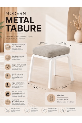 Metal Tabure - 4 Adet Beyaz Açık Kahverengi