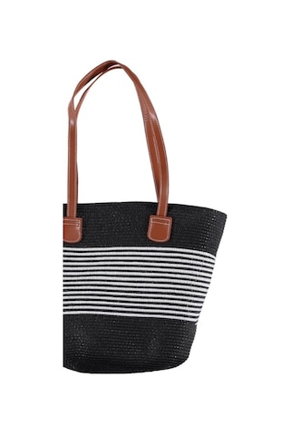 Kadın Hasır Çanta Plaj Çanta Yazlık Premium Çizgili Tasarım Hasır Siyah
