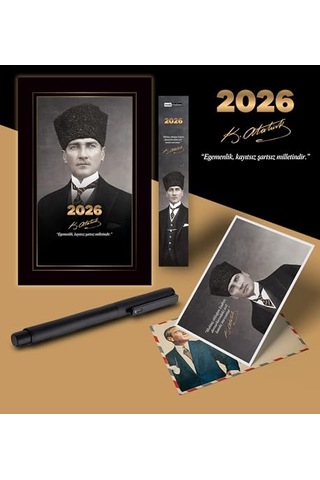 2026 Kalpaklı Atatürk Ajandası Ayraç Kartpostal Kalem - Siyah