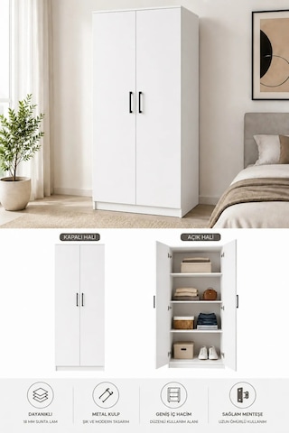 2 Kapaklı 175 Cm 4 Raflı Modern Gardırop Çok Amaçlı Yüklük Düzenleyici Dolap Beyaz