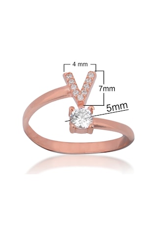 Zirkon Taşlı Pırlanta Montür Rose Altın Kaplama V Harfli Gümüş Yüzük Gümüş - Rose Gold