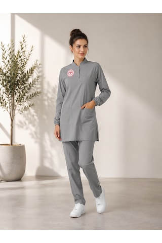 Tesettür Teknik Hizmetler Forması Scrubs Likralı Takım Sağlık Bakanlığı Logolu-neutral Gray