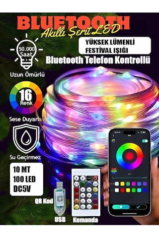 10 Mt Akıllı Led Işık Bluetooth Telefon Kontrolü Su Geçirmez Sese Duyarlı Ev Bahçe Aydınlatma Süsü Çok Renkli