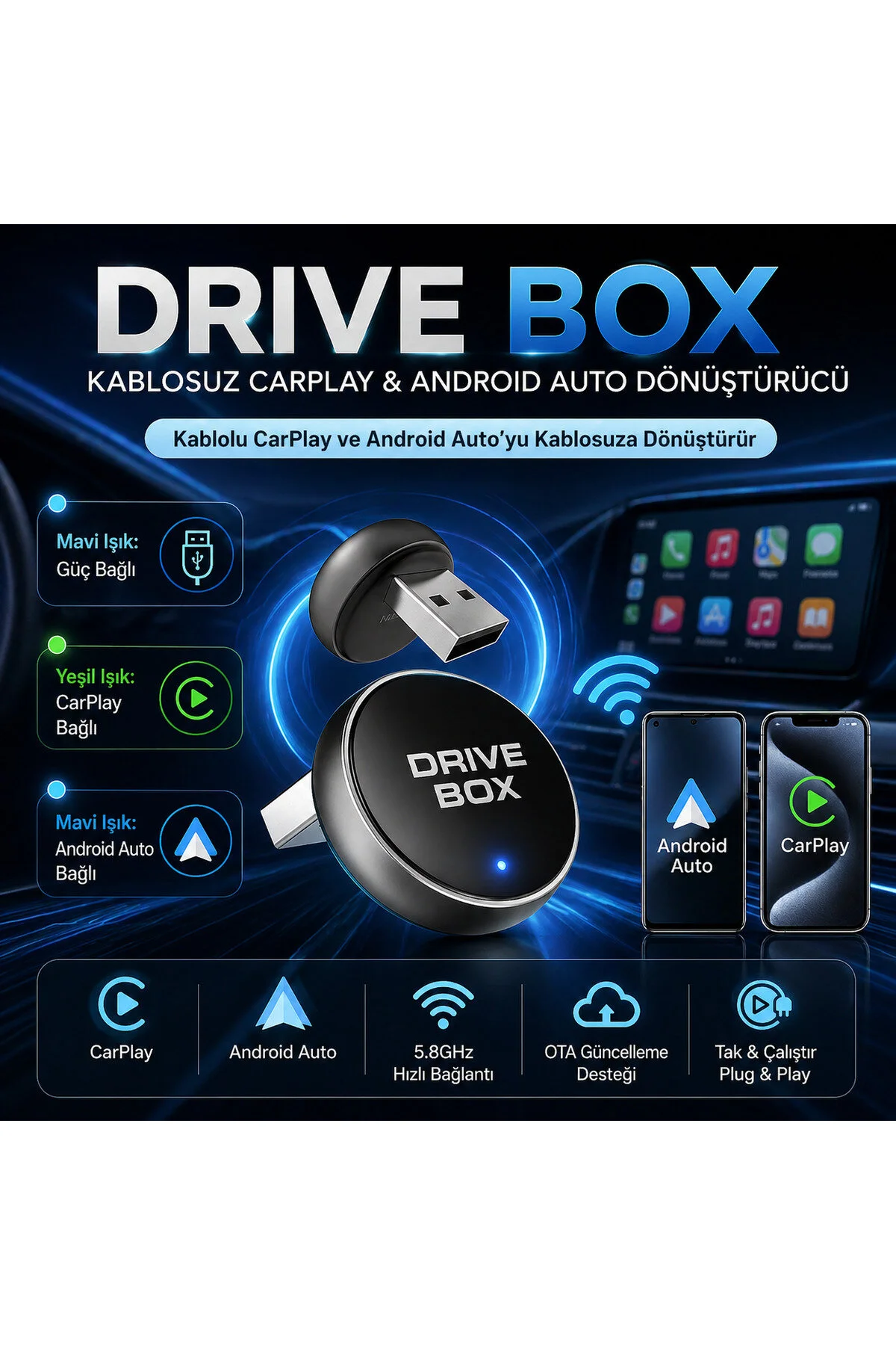 Drivebox 2026 Versiyon Bluetooth 5.4 Kablosuz Carplay Adaptörü Diğer