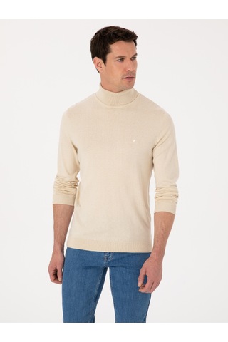 Cacharel Bej Slim Fit Pamuk Karışımlı Balıkçı Yaka Basic Triko Kazak
