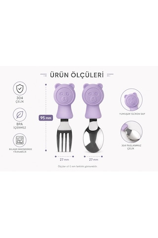 Valkyrie 304 Çelik Panda Bebek Kaşık Çatal Setisilikon Saplı Bpa İçermez Ergonomik Kaymaz Mor