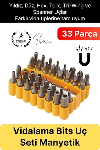 Bitsuç Premium 33 Parça Kutulu Yıldız Düz Sağlam Dayanıklı Mıknatıslı Şarjlı Vidalama Bits Uç Seti