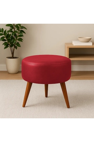Waterybrook Suni Deri Puf - Ceviz Ahşap Ayaklı - Retro Modern Tasarım & Dekoratif Sehpa Kırmızı