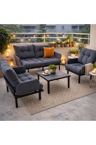 Bahçe Takımı Balkon Ve Cafe Modüler Metal Koltuk Takımı 2+1+1 Sehpalı Füme 1636 Füme
