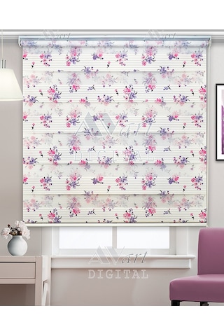 Pembe Ve Mor Çiçek Baskılı Zebra Perde - Dijital Baskılı Zebra Stor Perde Çok Renkli