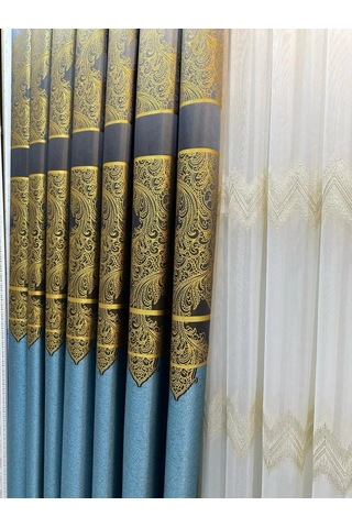Nivemeshome Milas Turkuaz-gold 671539 1/3 Sık Pileli Fon Perde Apm Turkuaz-gold