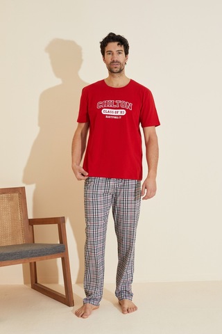 Siyah İnci Bisiklet Yaka Baskılı Örme Pijama Takım 25109842 Kırmızı