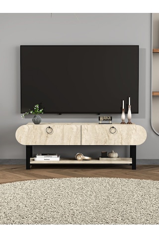 Tv Sehpası Tv Ünitesi Kapaklı Raflı Setro Traverten Ekru