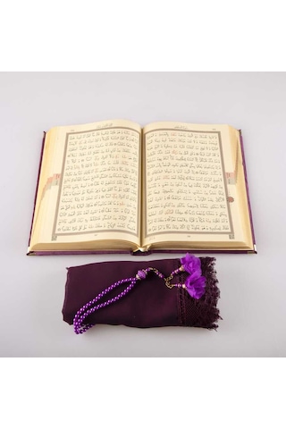 Şal + Tesbih + Kuran Hediye Seti (Hafız Boy, Kadife, Mor)