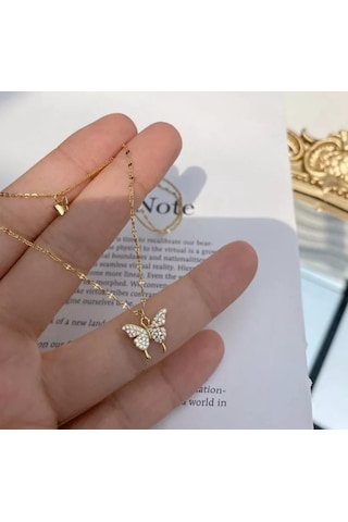 Çift Katlı Kadın Kelebek Kolye - Kararmaz Altın Kaplama
