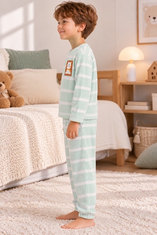 Luess Erkek Çocuk %100 Pamuk Havlu Pijama Takımı Ayıcık Baskılı Uzun Kollu Mint Yeşili Örme